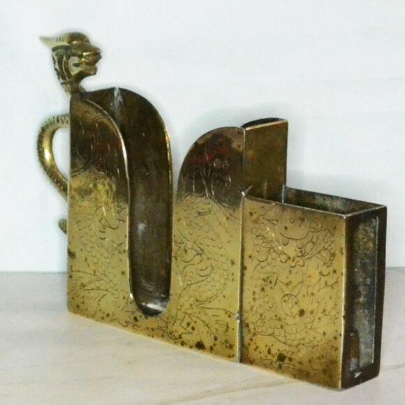 Vintage Brass Cigarette Pack And Lighter Holder Stamped China Desk Side Table - Picture 3 of 9